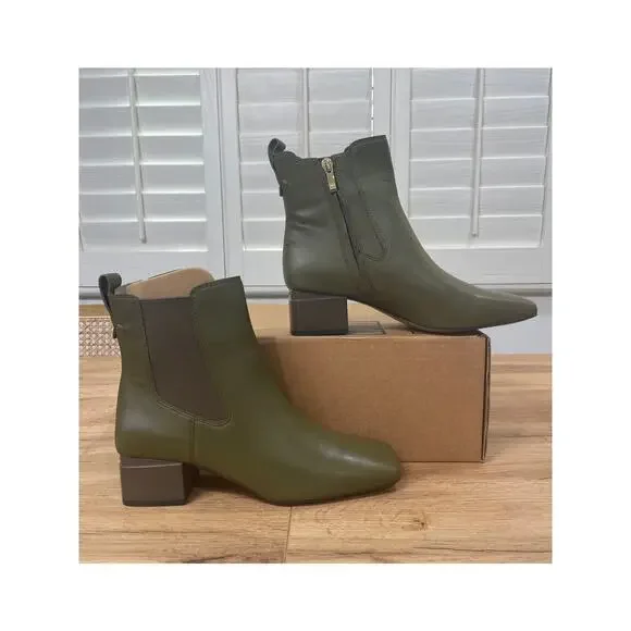 Franco Sarto Waxton Chelsea Boot Olive Green Leather Size 6.5 NIB Square Toe